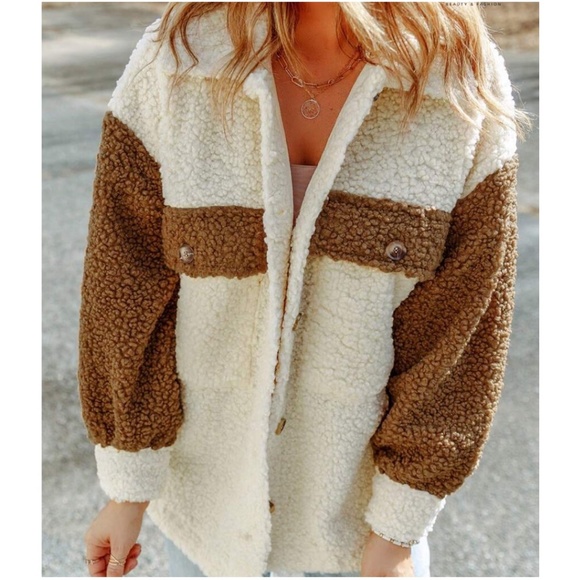 Cozy color Block Button down Pockets Oversized Jacket Shacket - Picture 3 of 6